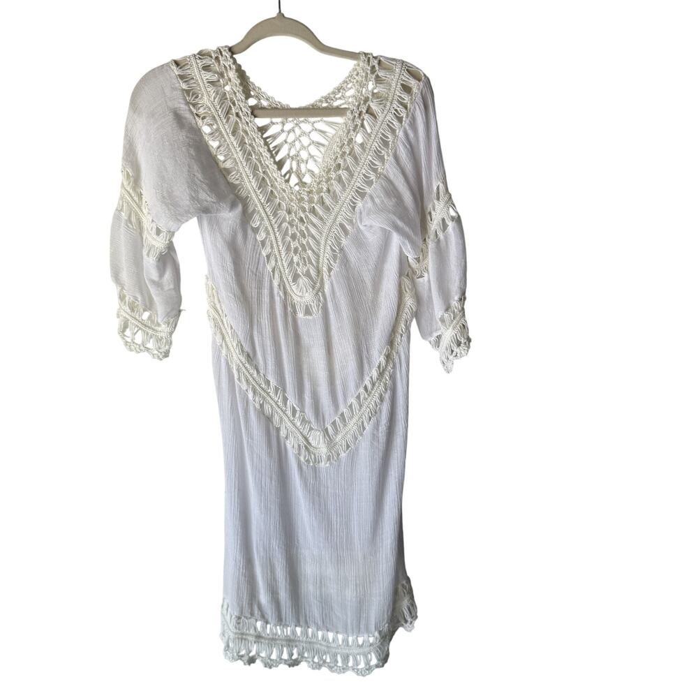 Boho Crochet Dress Womens Small White Sheer 3/4 Sleeve Beach Festival‎ Cover Up